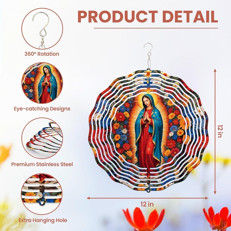 FLAGWIX Christian Gifts for Women Faith - Virgen de Guadalupe 3D Stainless Steel Metal Wind Spinners 12 in - Our Lady of Guadalupe Wind Spinner Outdoor, Religious Gifts for Mom Grandma - Image 3